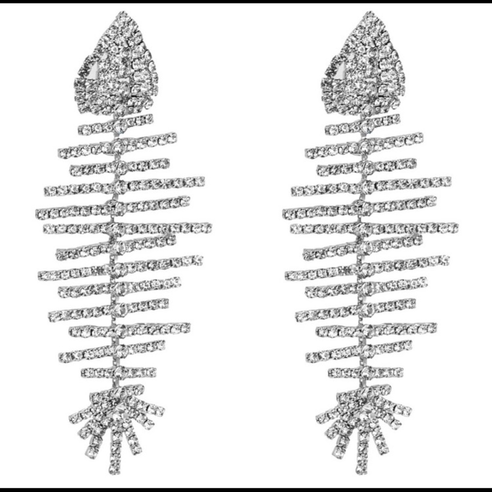 Silver Rhinestone Fishbone Earrings